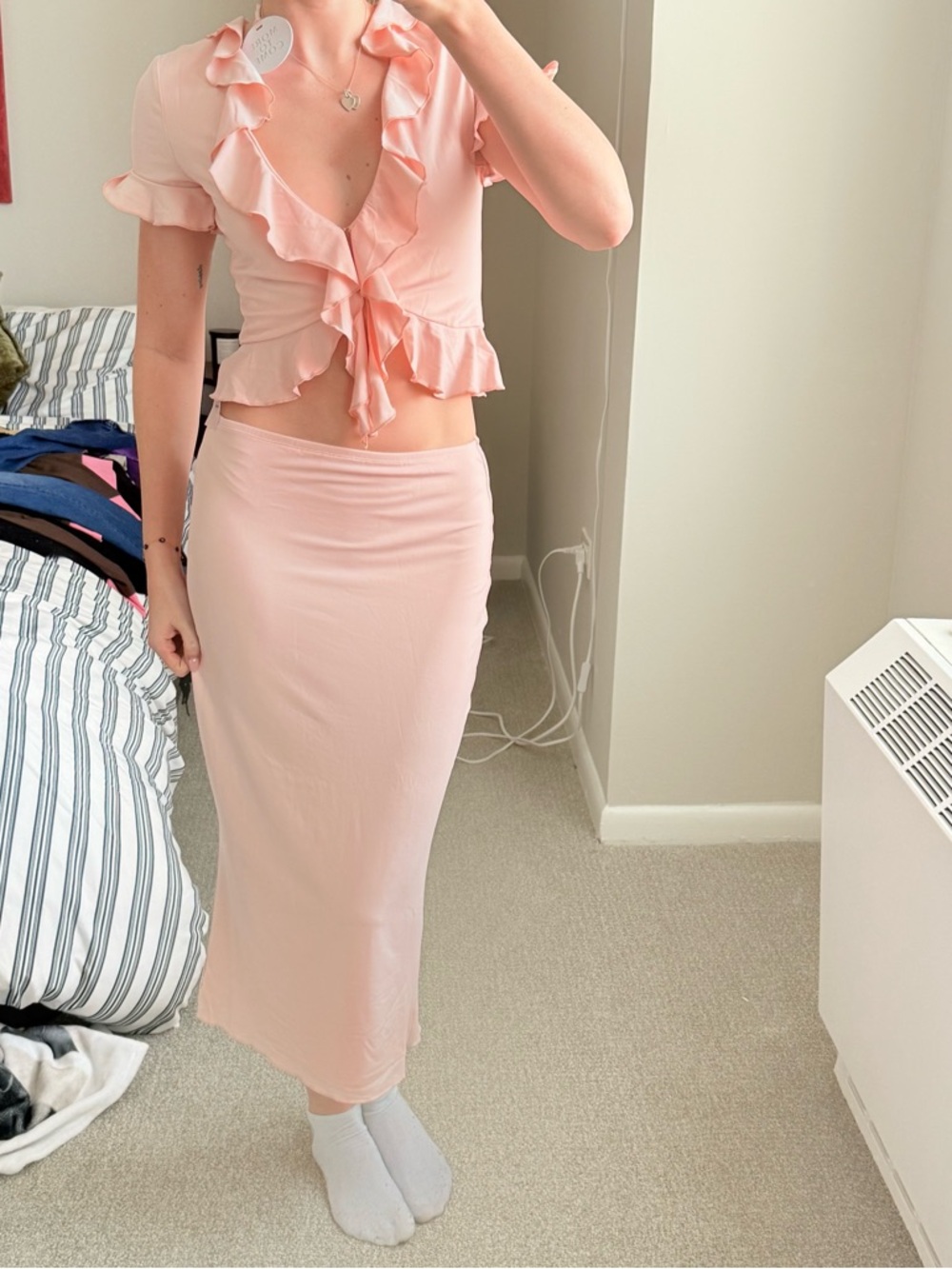 Soft Blush Ruffle-Front Maxi Dress